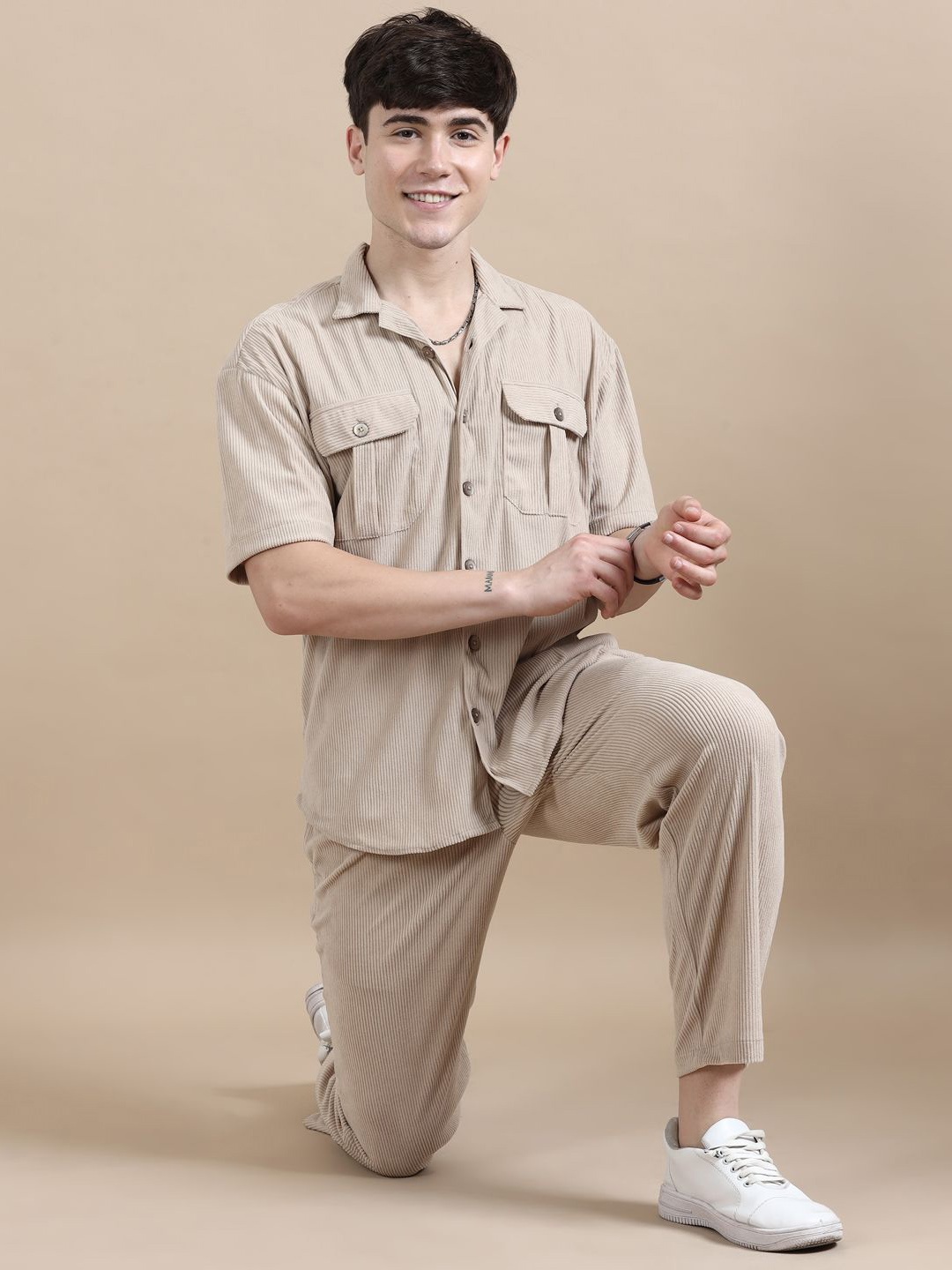 

Bushirt Striped Shirt Collar Night suits, Beige