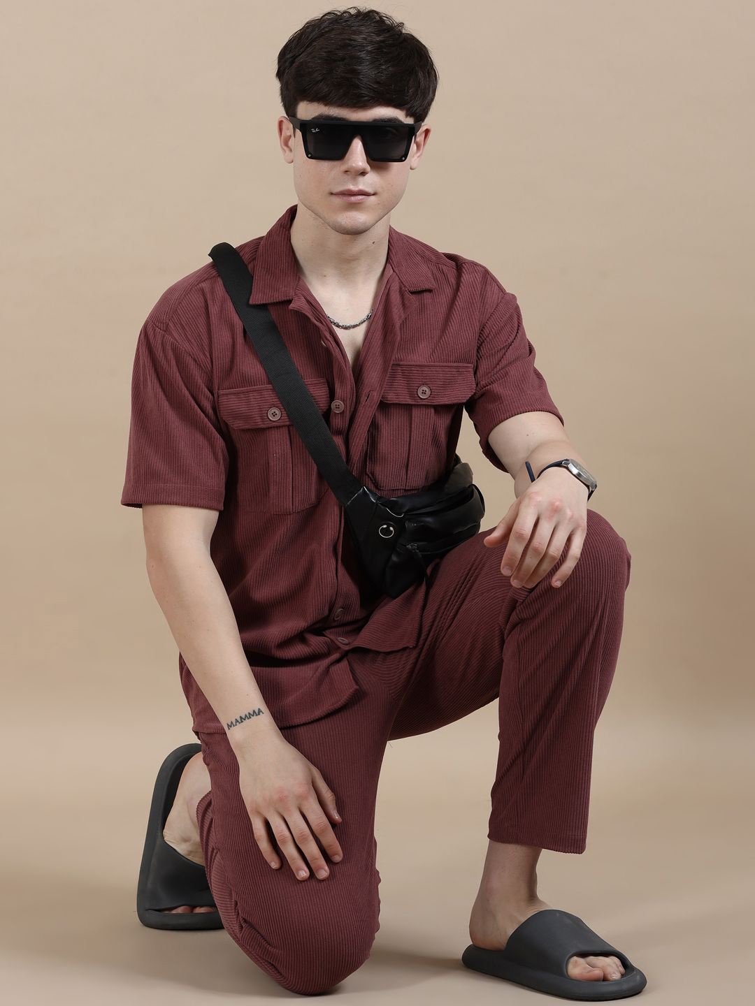 

Bushirt Striped Shirt Collar Night suits, Taupe