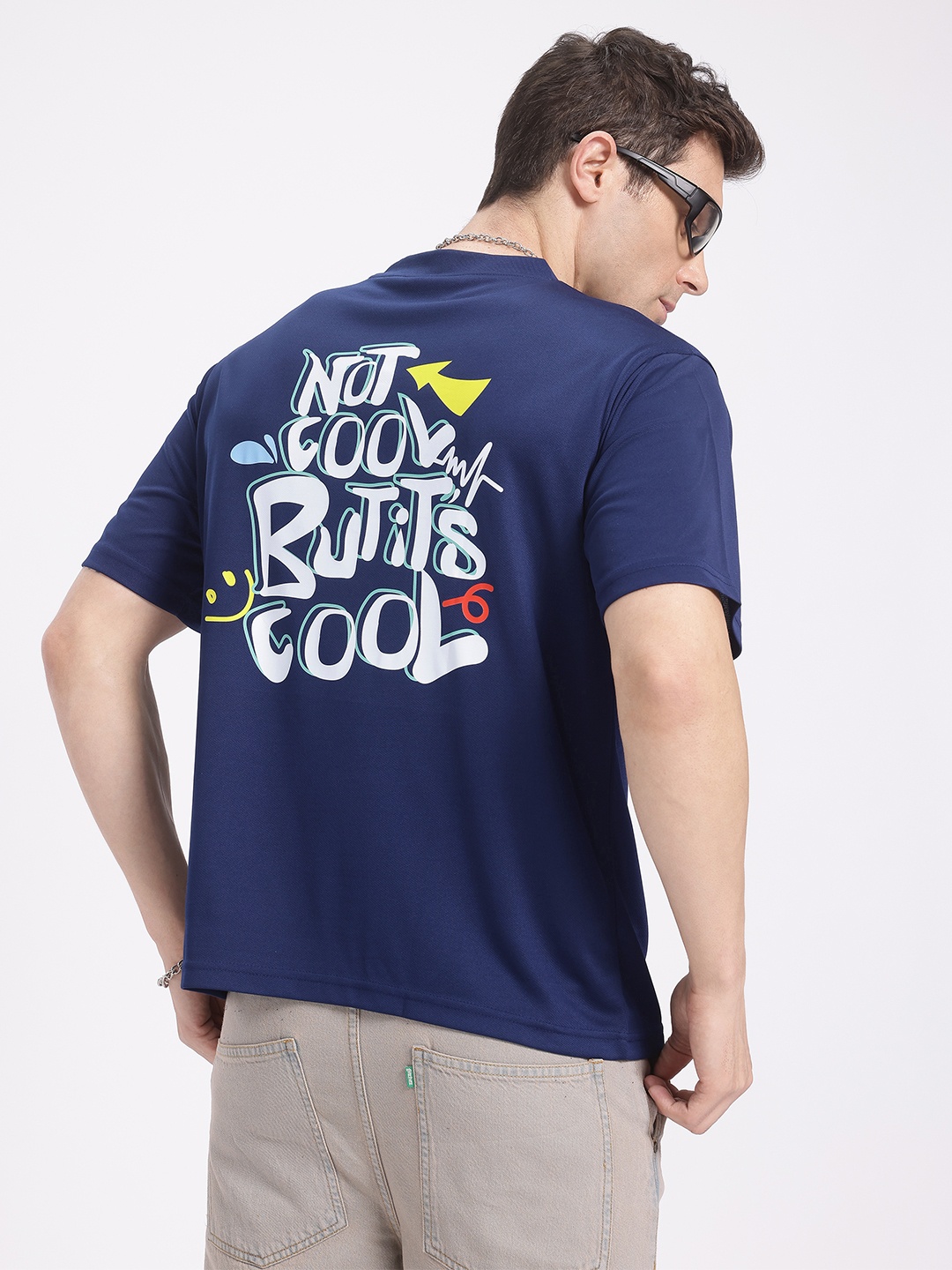 

glitchez Typographic Allure Drop-Shoulder Sleeves Relaxed Fit T-shirt, Navy blue