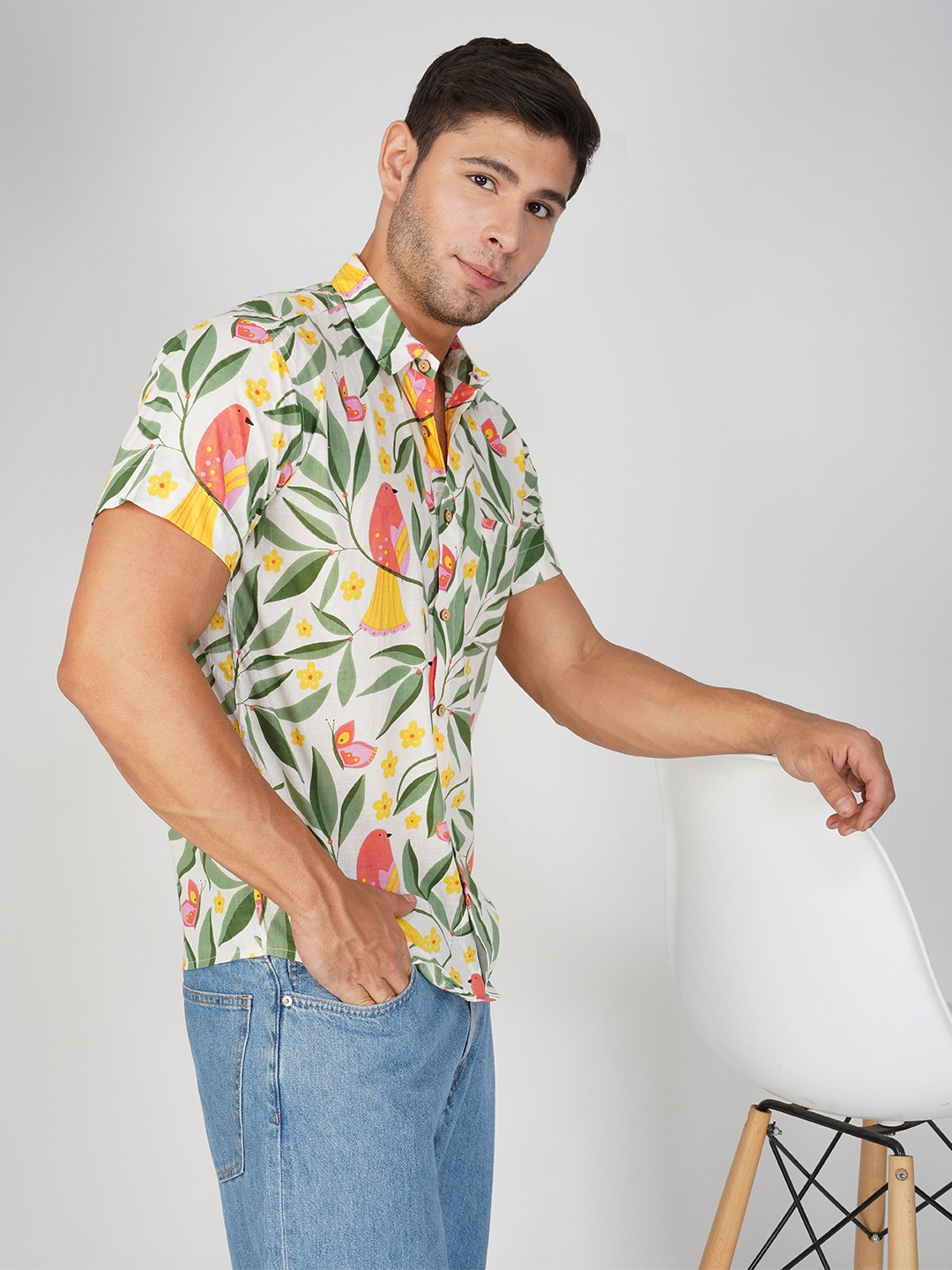 

MASU LIVING Men Opaque Printed Party Shirt, White