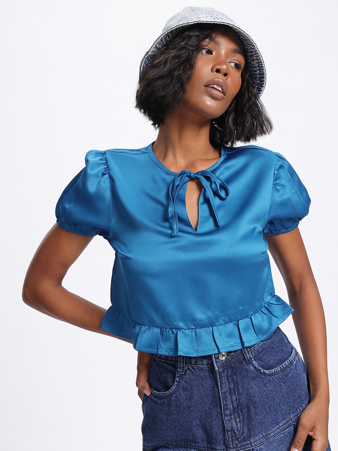 

glitchez Poppy Ruffles Tie-Up Neck Puff Sleeves Crop Satin Blouson Top, Blue