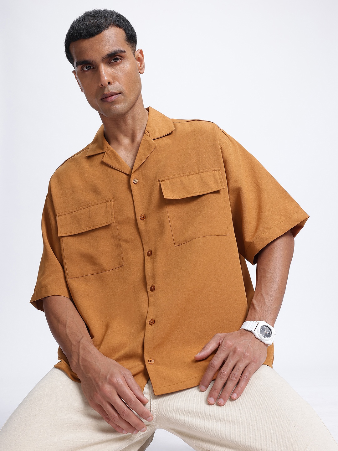 

glitchez Essential Wear Cargo-Pocketed Drop-Shoulder Bowling Shirt, Khaki