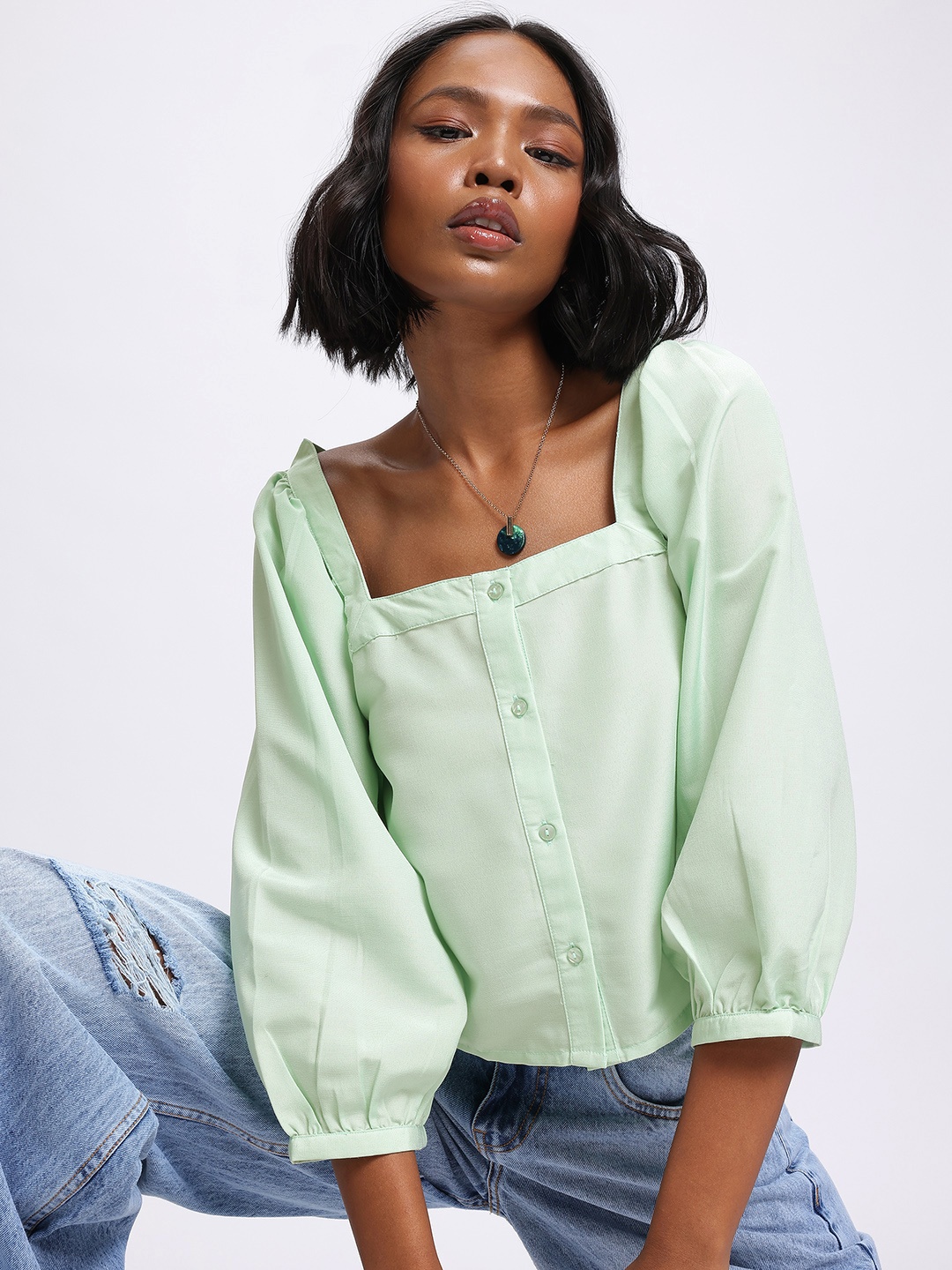 

glitchez Puff Moment Square Neck A-Line Top, Green