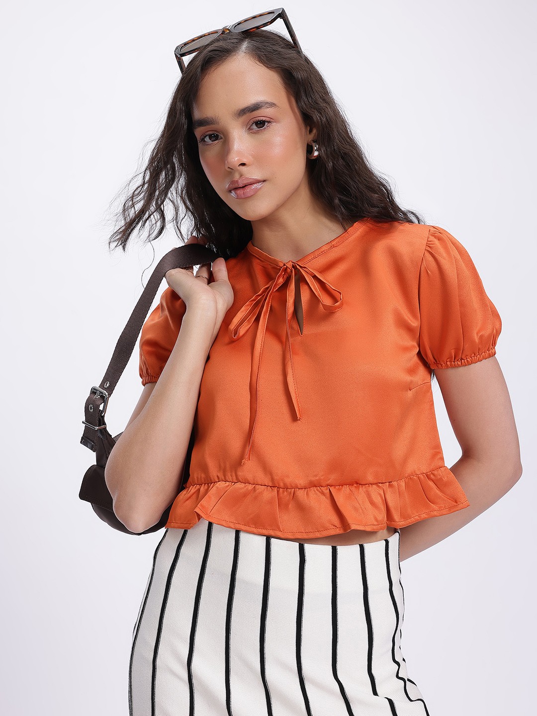 

glitchez Terracotta Tones Satin Finish Tie-Up Neck Ruffle Detail Top, Rust