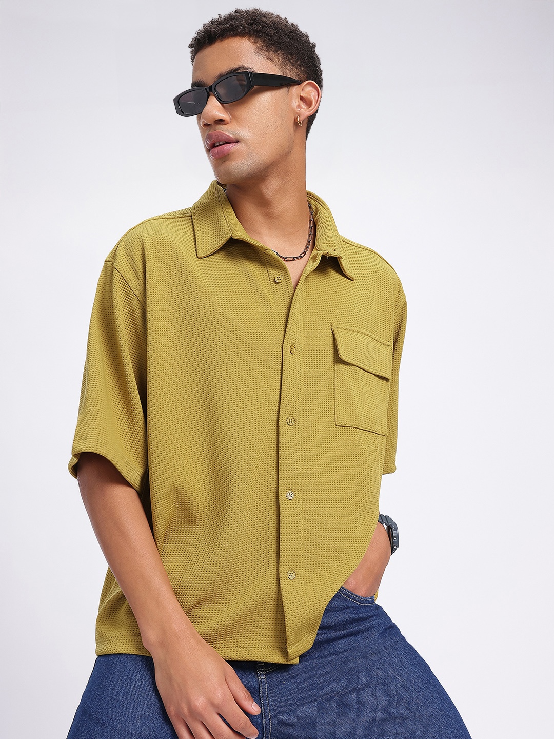 

glitchez Textured Plush Mustard Romance Regular Fit Shirt