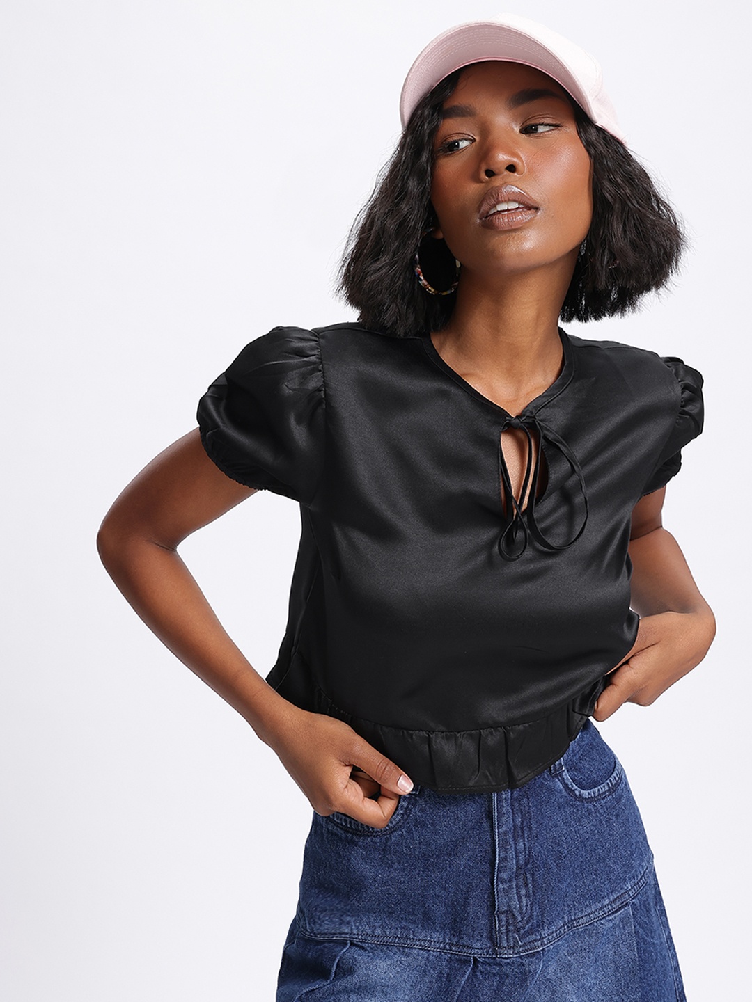 

glitchez Sassy Ruffles Tie-Up Neck Puff Sleeves Crop Satin Blouson Top, Black