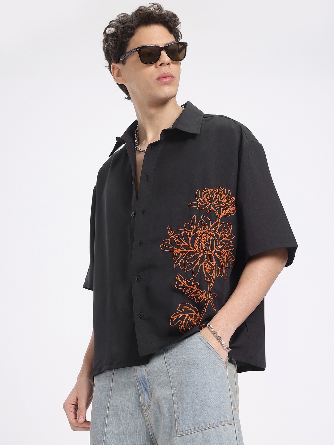 

glitchez Midnight Bloom Breezy Boxy Shirt, Black