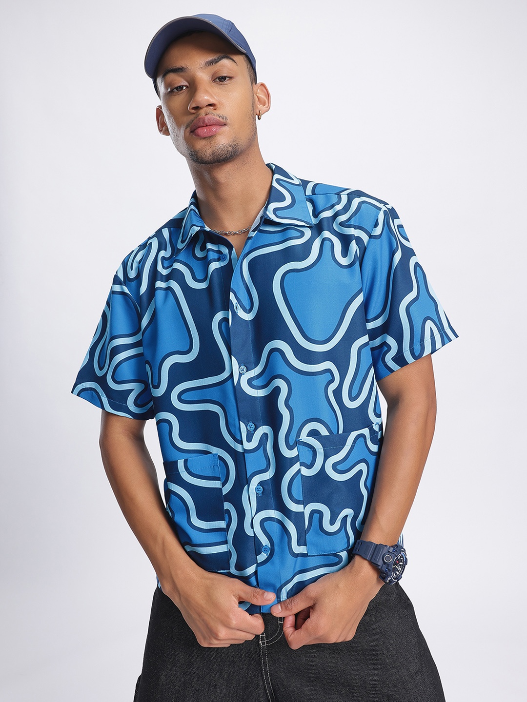 

glitchez Groovy Vibes Printed Pocket Detail Shirt, Blue