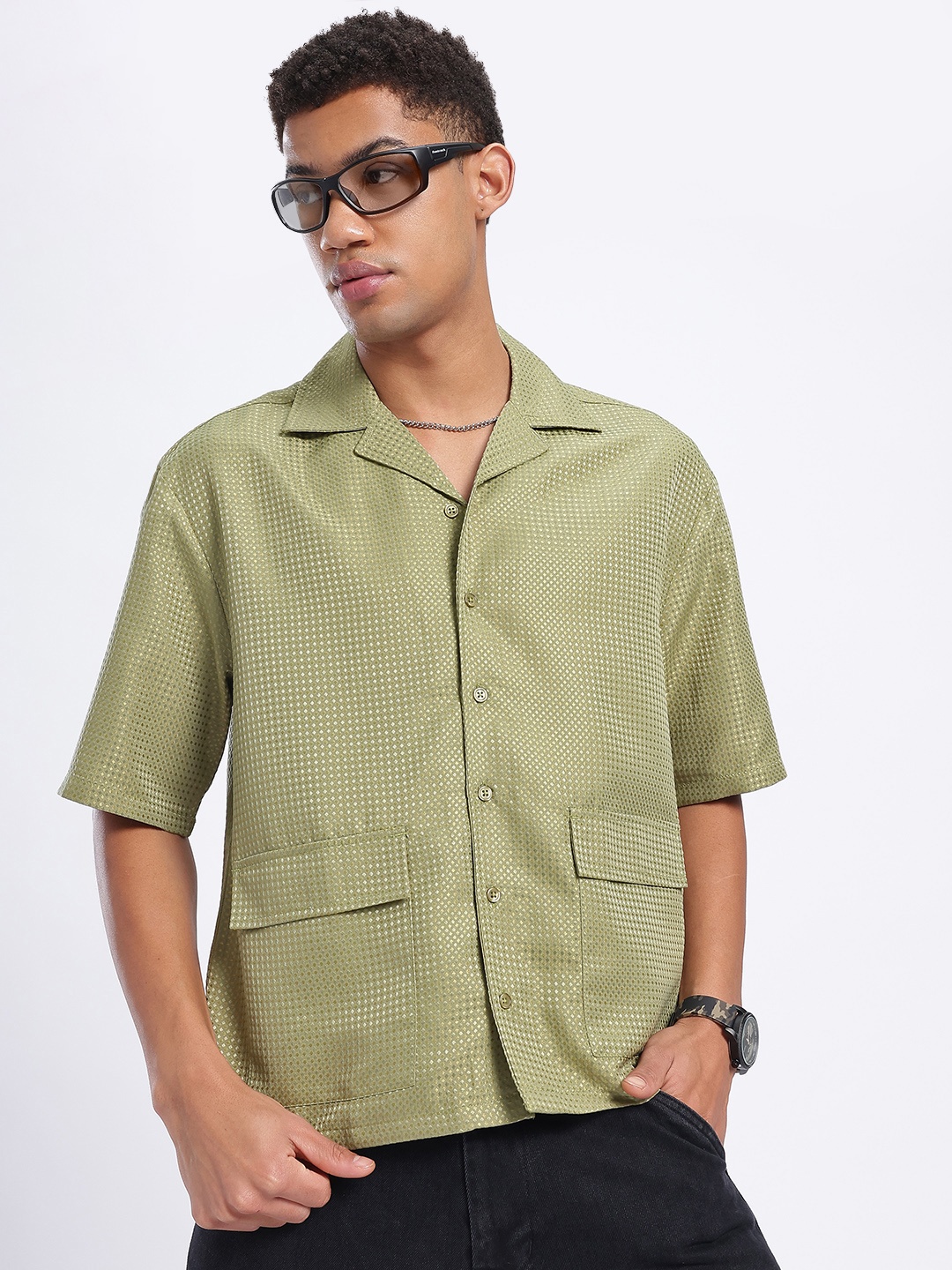 

glitchez Woven Edge Flap Pocketed Shirt, Green