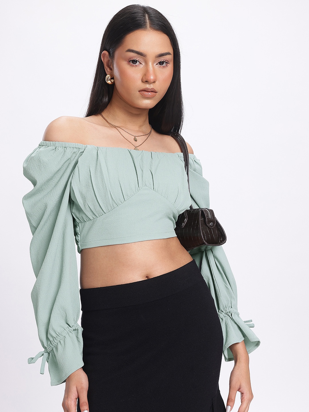 

glitchez Cinched Chic Gathered Bardot Crop Top, Green