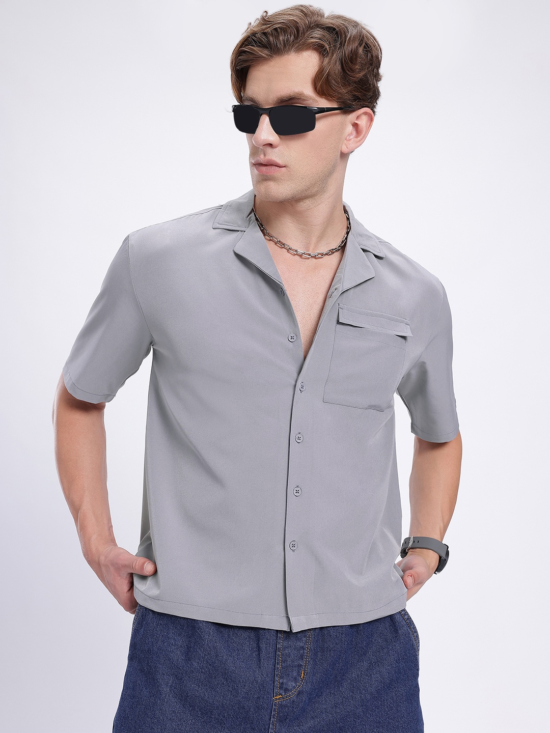 

glitchez Pastel Fun Cuban Collar Casual Shirt, Grey