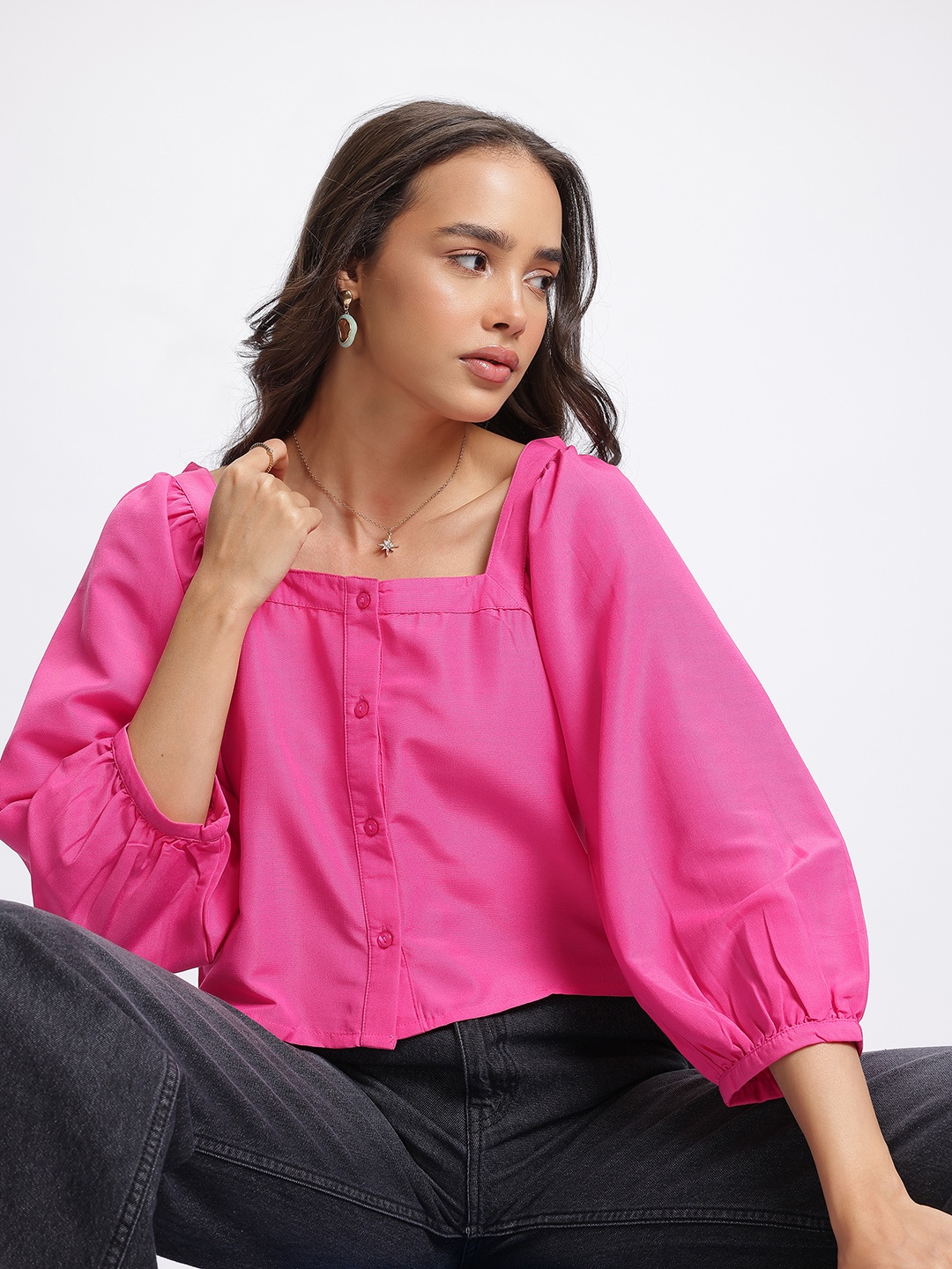

glitchez Barbiecore Square Neck Puff Sleeve A-Line Top, Pink