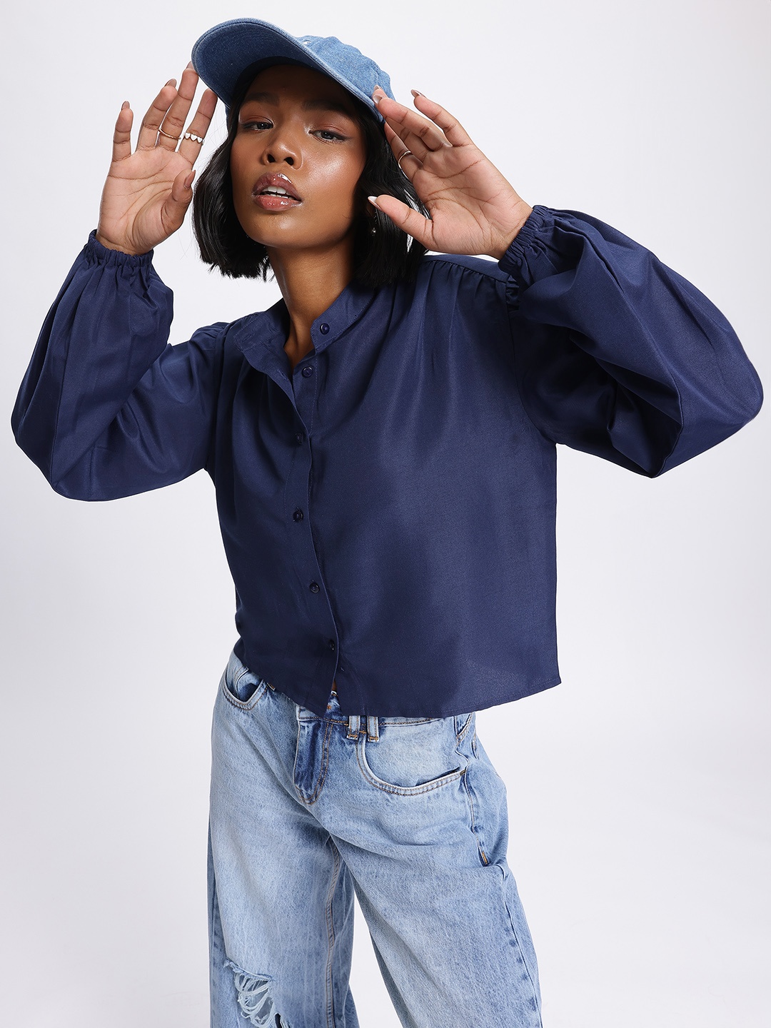 

glitchez Elevated Essentials Puff Sleeve Button-Down Shirt, Navy blue
