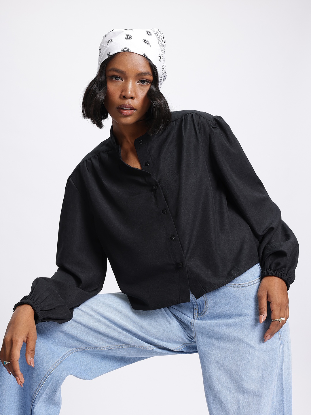 

glitchez Elevated Essentials Puff Sleeve Button-Down Shirt, Black