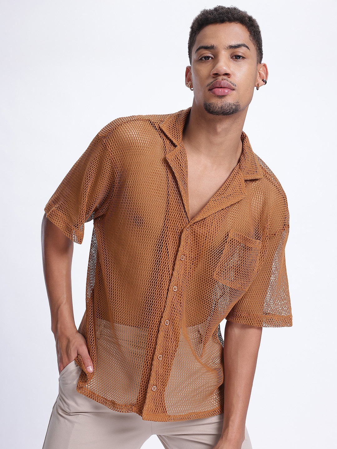 

glitchez Sheer Drip Open Knit Oversized Bowling Shirt, Brown