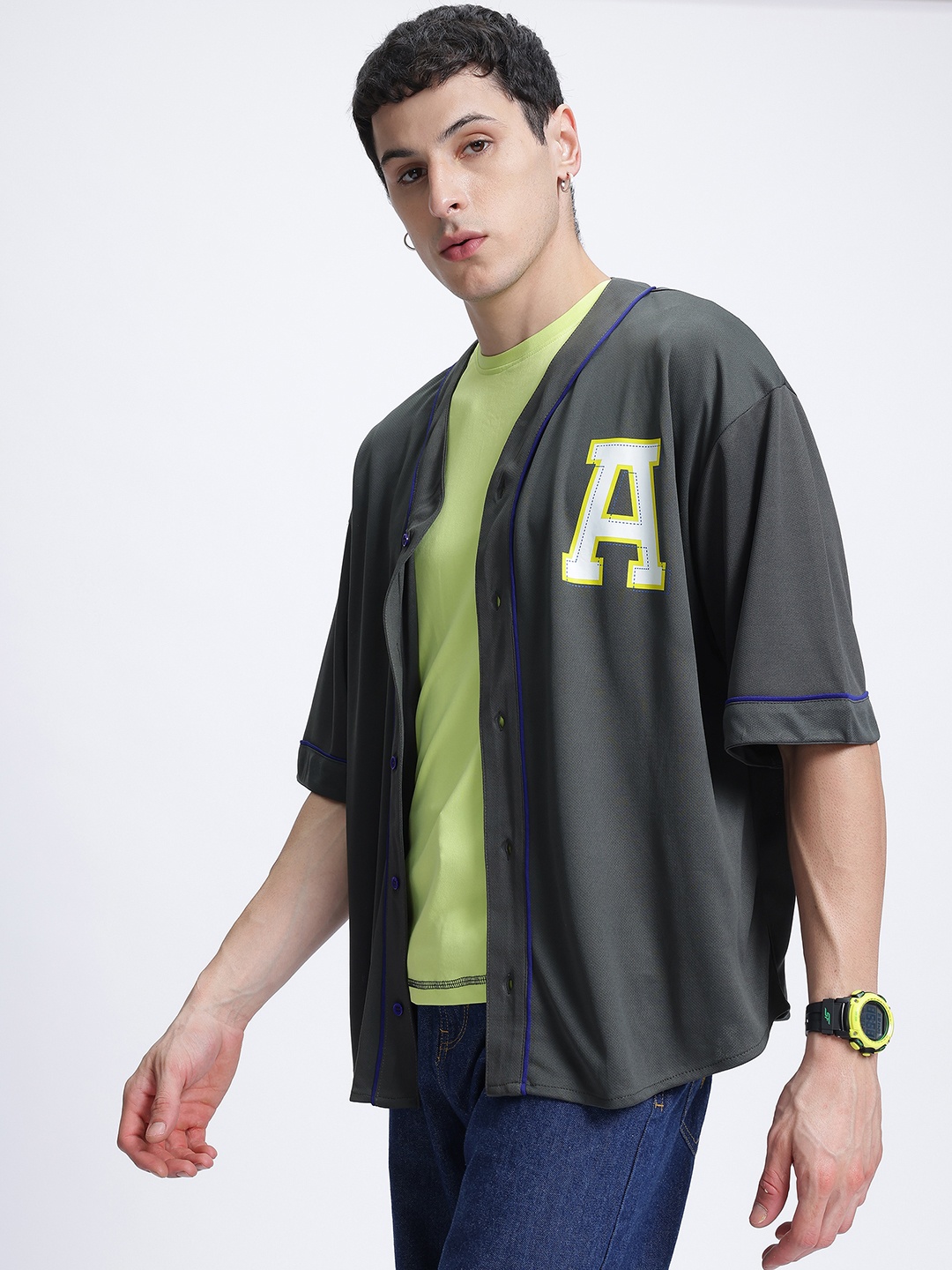 

glitchez Varsity Vibes Drop-Shoulder Oversized Shirt, Charcoal