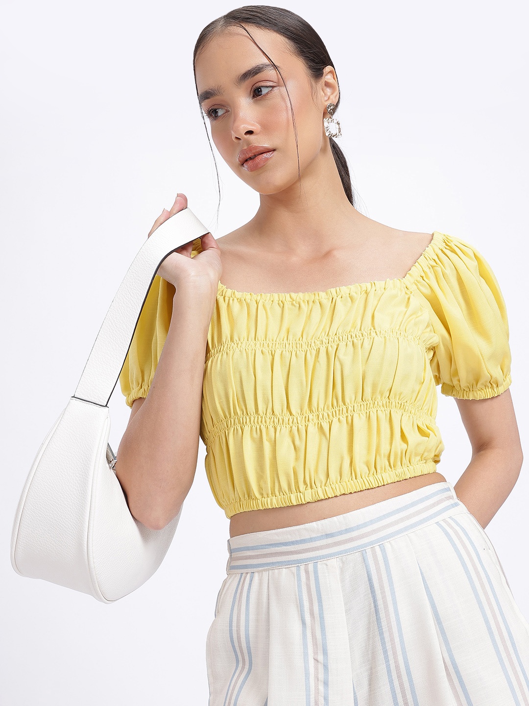 

glitchez Crinkle Gathers Puff Sleeve Blouson Crop Top, Yellow