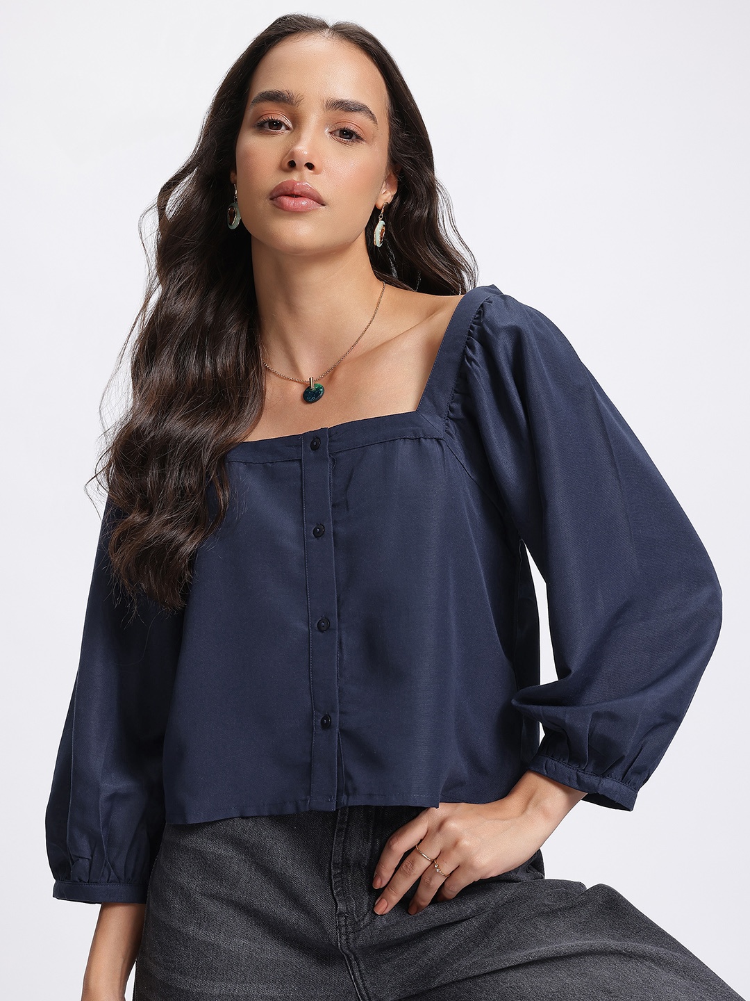 

glitchez Puff Sleeve Goals Square Neck A-Line Top, Navy blue