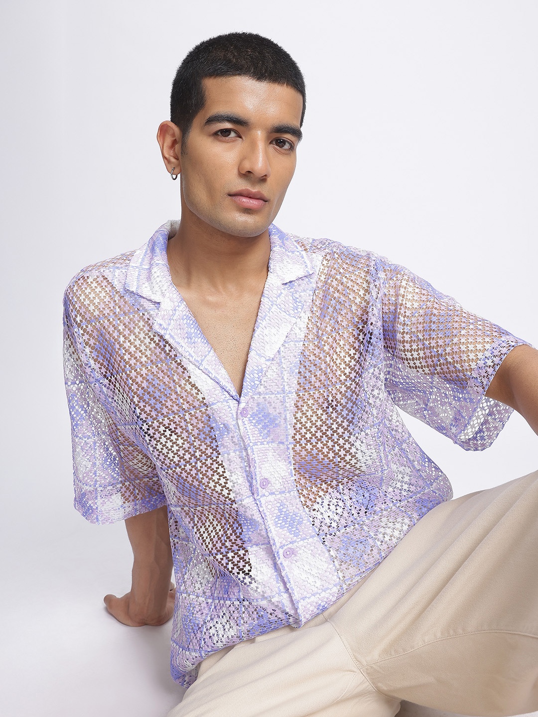 

glitchez Bare Essence Self-Design Sheer Relaxed Shirt, Blue