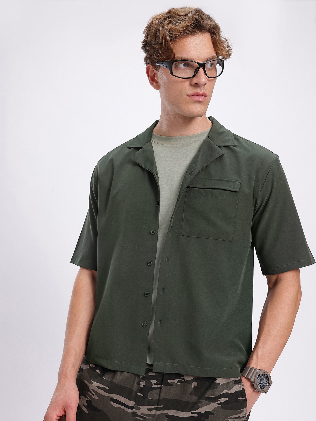 

glitchez Urban Edge Camp Collar Casual Shirt, Olive