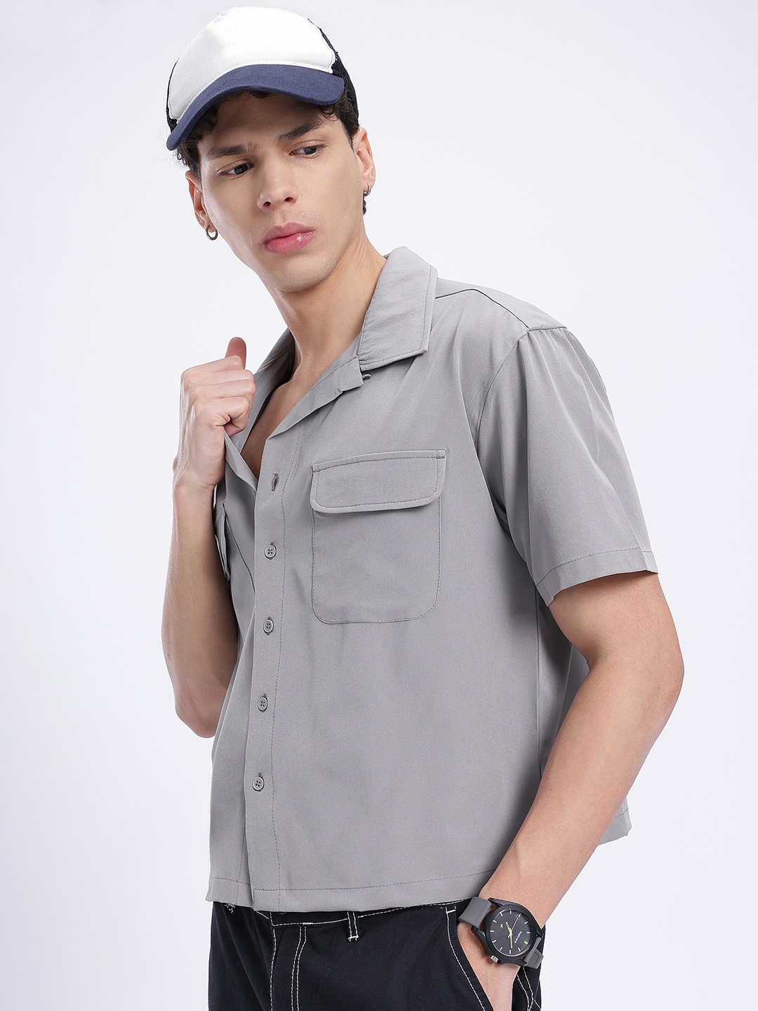 

glitchez Muted Yet Marvellous Cuban Collar Casual Shirt, Grey