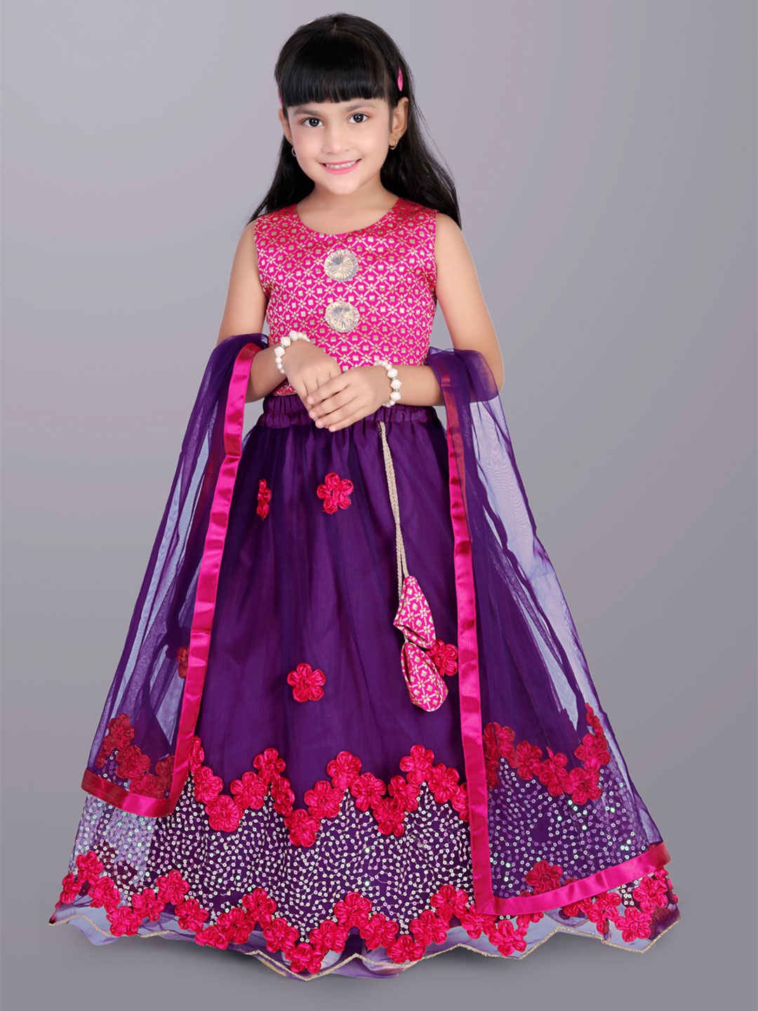 

BAESD Girls Embroidered Sequinned Ready to Wear Lehenga & Blouse With Dupatta, Magenta