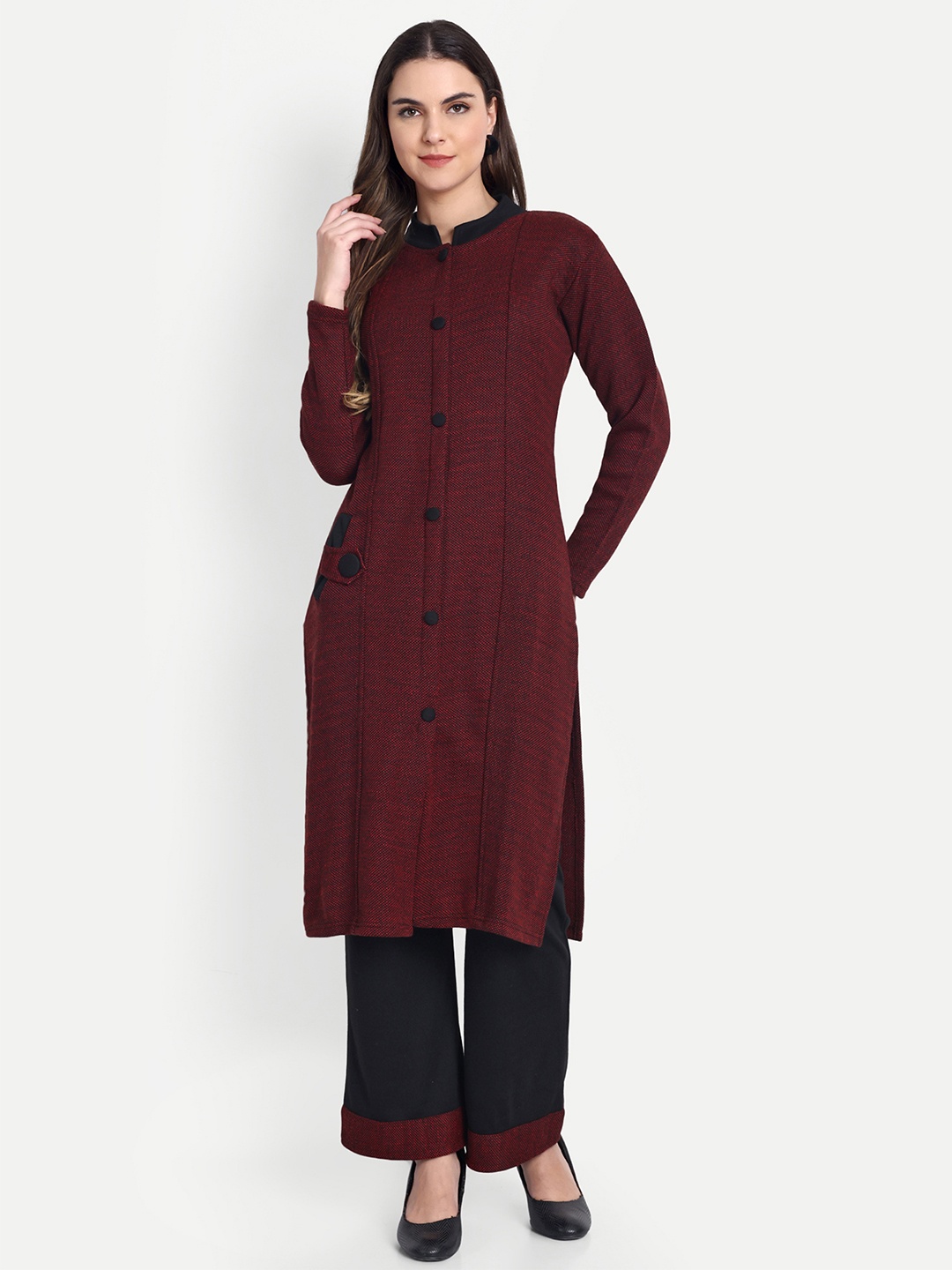 

HAUTEMODA Pure Wool Kurta with Palazzos, Maroon