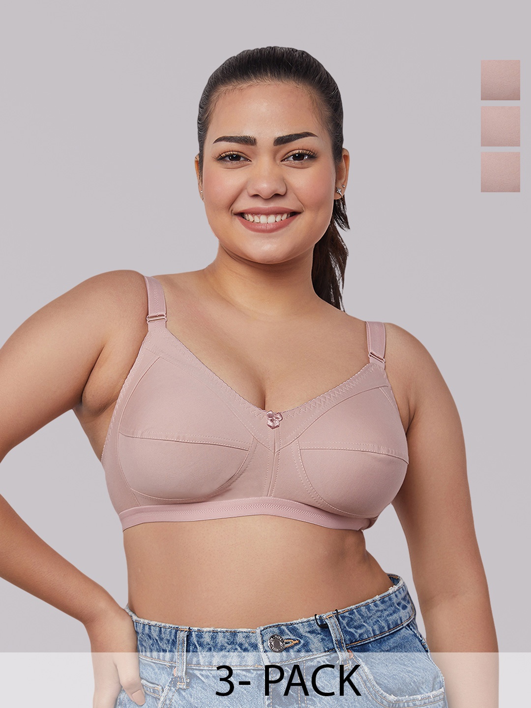 

MAASHIE Pack Of 3 Non-Padded Non-Wired Everyday Full Coverage Bra, Beige