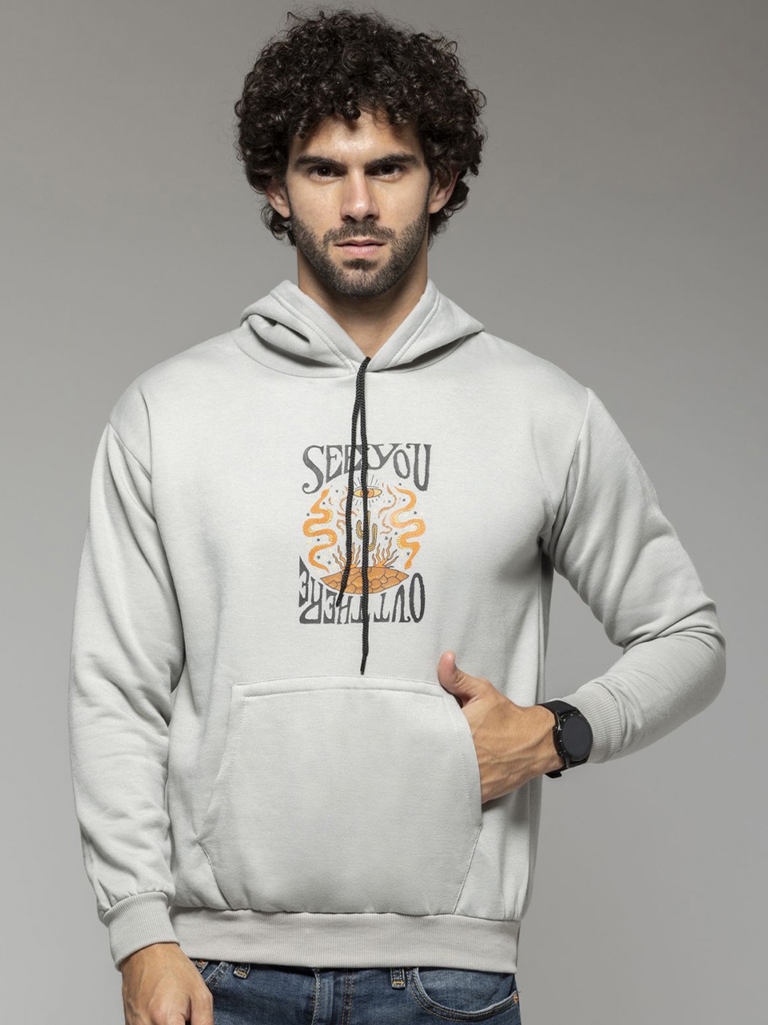 

OCTICS Men Printed Hooded Sweatshirt, Grey