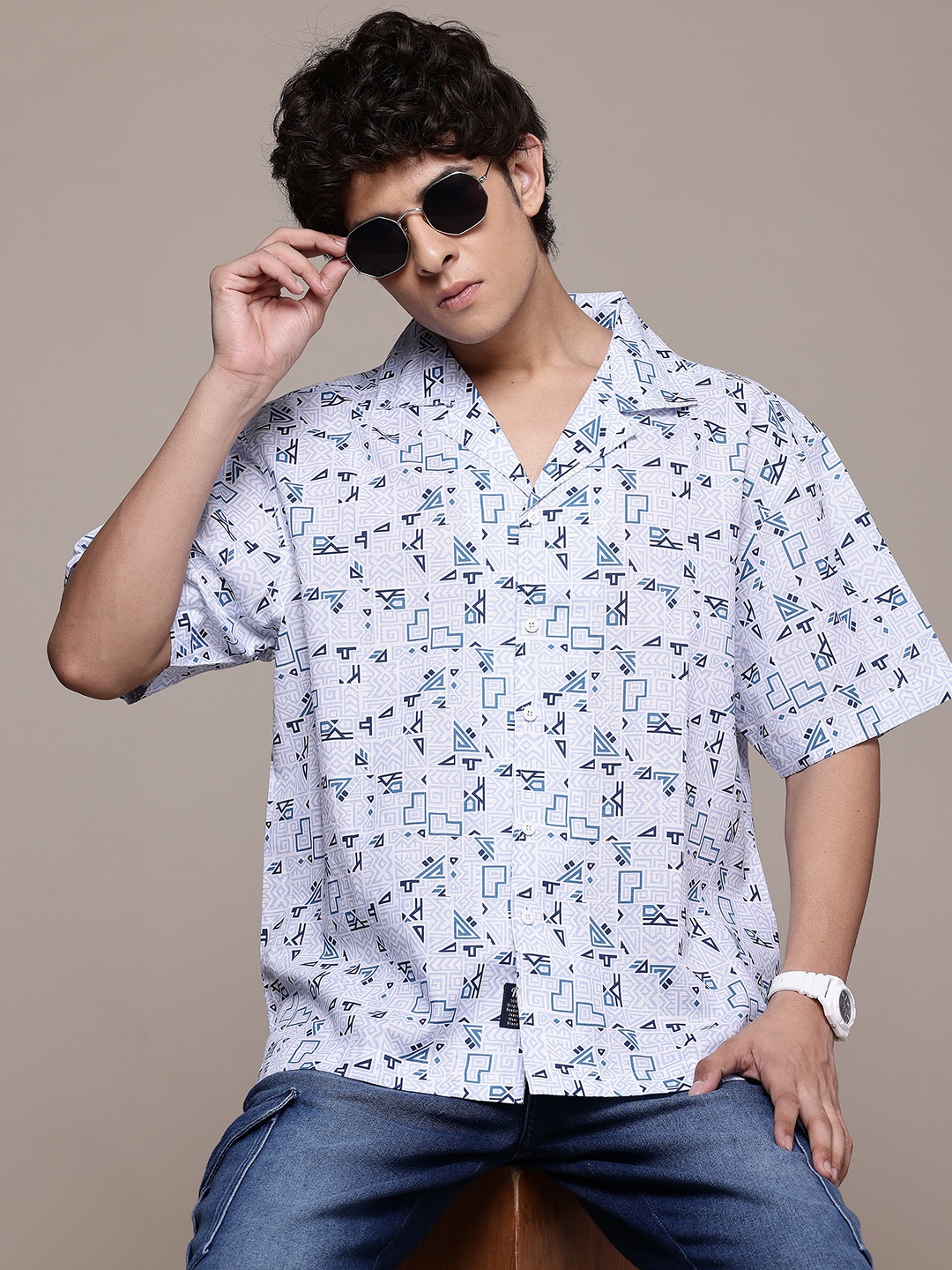 

The Roadster Lifestyle Co. Relaxed Geometric Printed Pure Cotton Casual Shirt, White