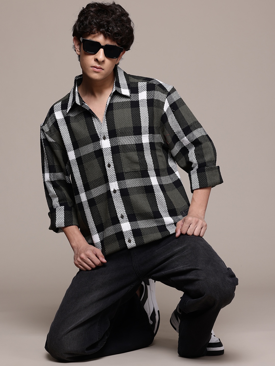 

The Roadster Lifestyle Co. Relaxed Checked Pure Cotton Casual Shirt, Olive