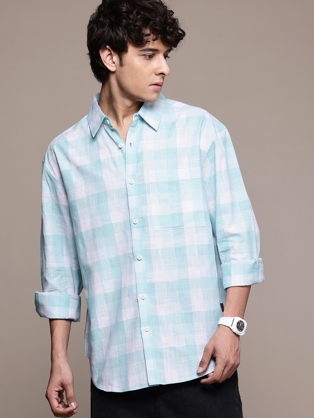 

The Roadster Lifestyle Co. Relaxed Checked Pure Cotton Casual Shirt, Blue