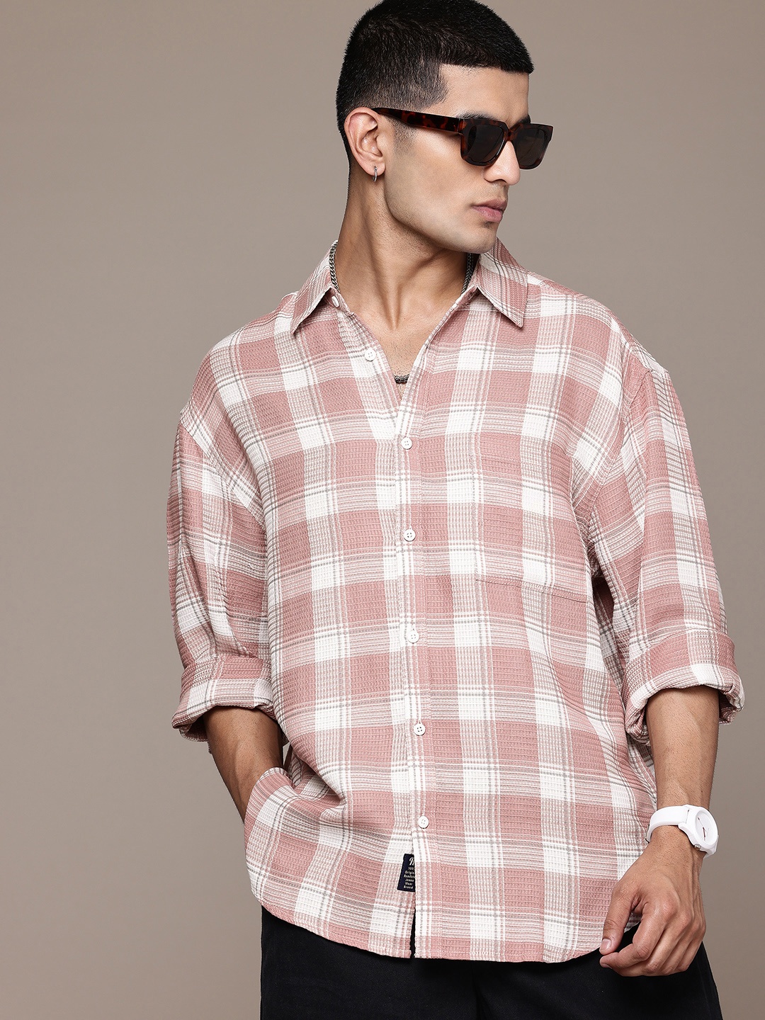 

The Roadster Lifestyle Co. Relaxed Checked Pure Cotton Casual Shirt, Peach