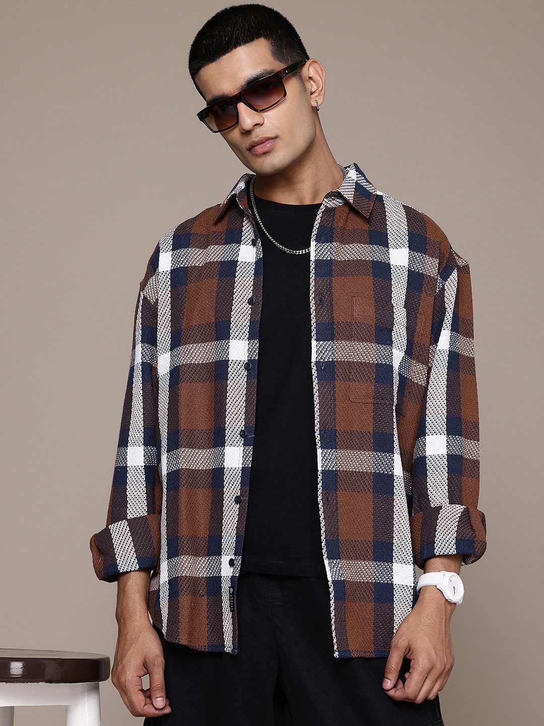 

The Roadster Lifestyle Co. Relaxed Checked Pure Cotton Casual Shirt, Coffee brown