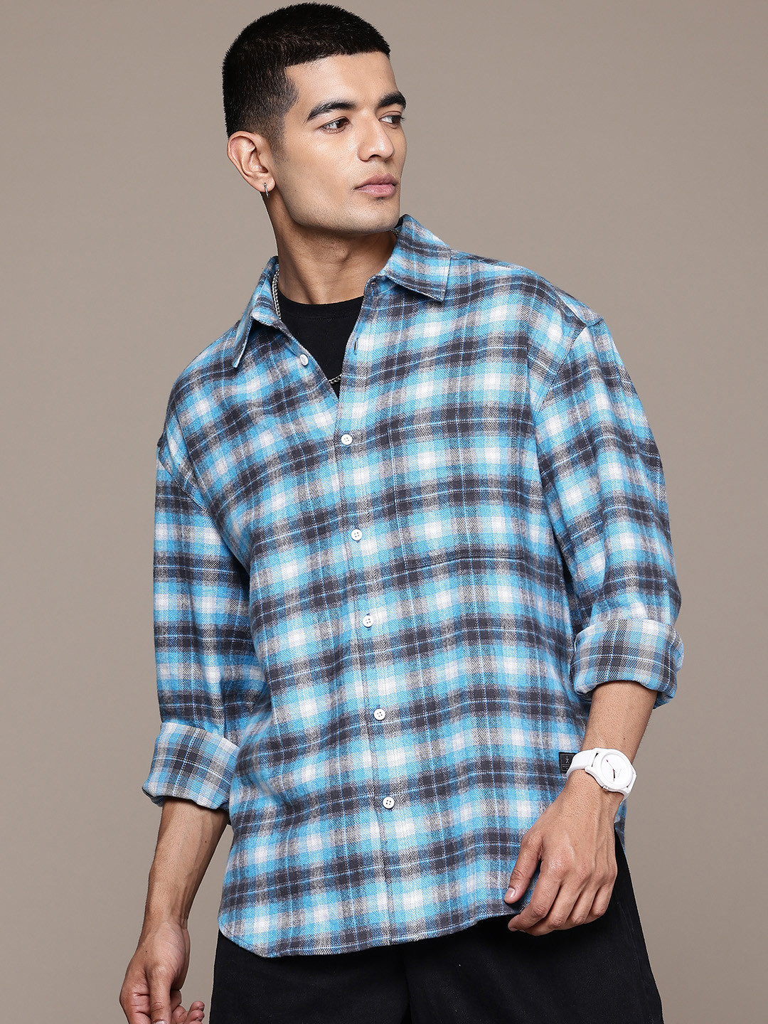 

The Roadster Lifestyle Co. Relaxed Tartan Checked Pure Cotton Casual Shirt, Blue
