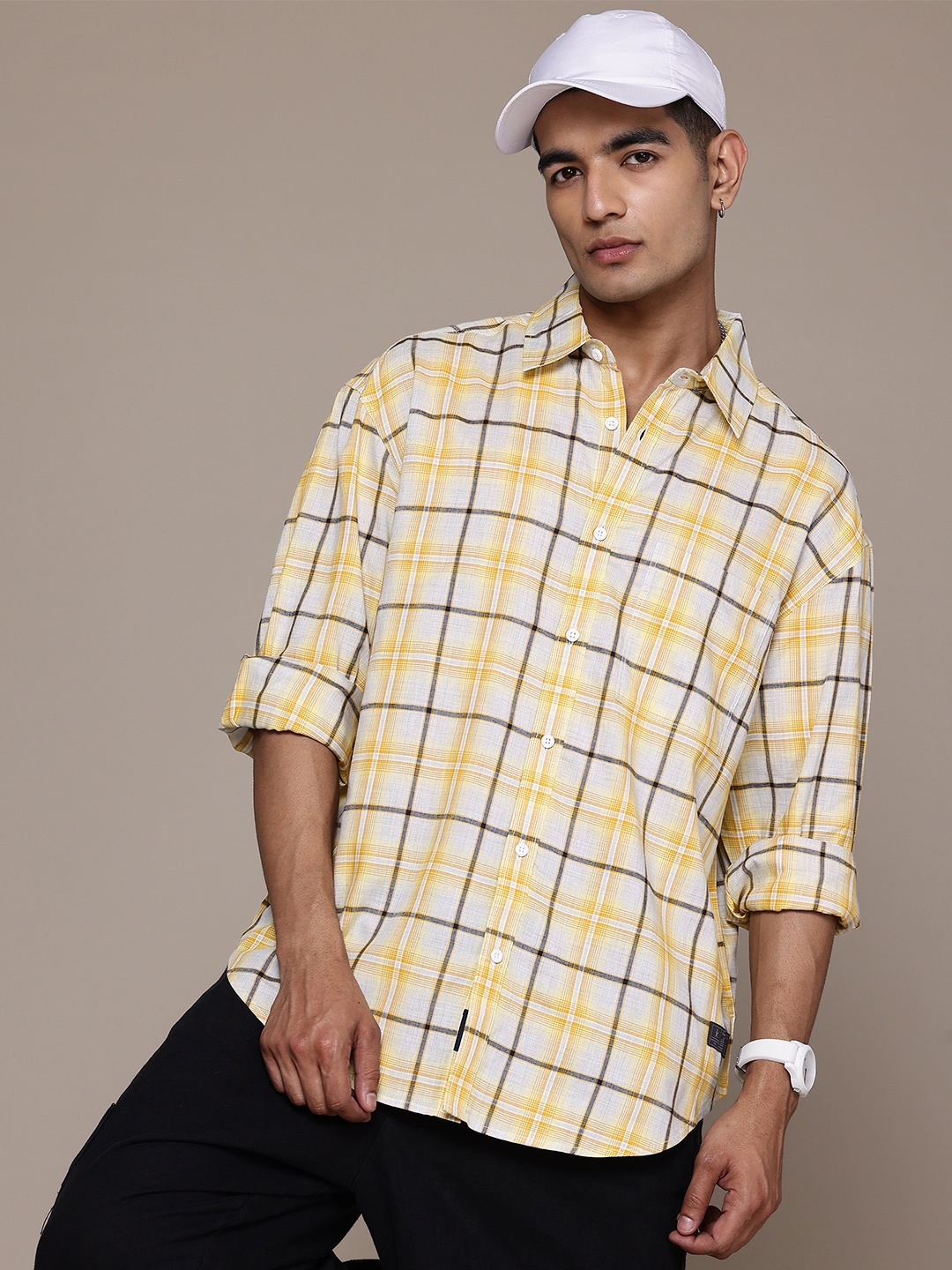 

The Roadster Lifestyle Co. Relaxed Tartan Checked Pure Cotton Casual Shirt, Yellow