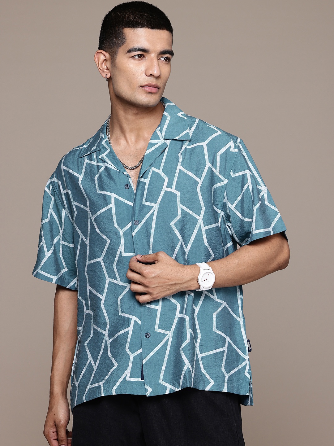 

The Roadster Lifestyle Co. Relaxed Printed Pure Cotton Casual Shirt, Blue