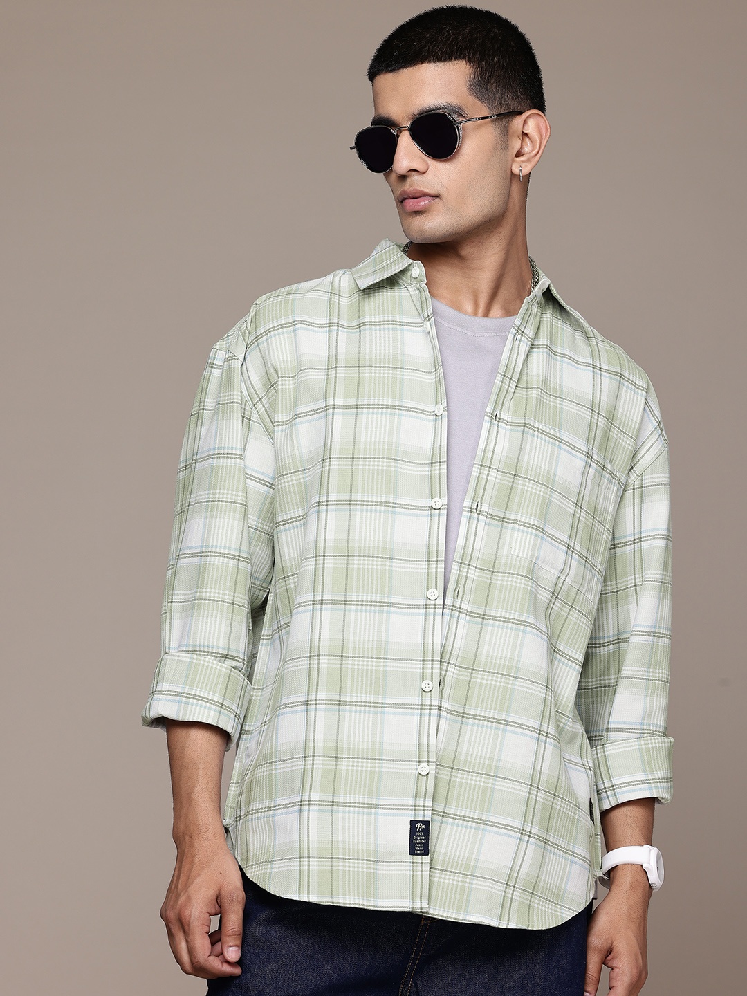 

The Roadster Lifestyle Co. Relaxed Checked Pure Cotton Casual Shirt, Green