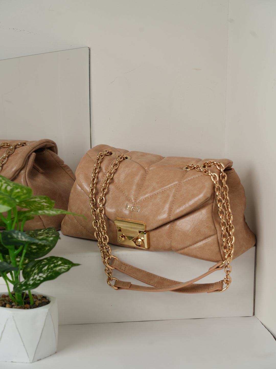 

Inc 5 Textured Structured Shoulder Bag with Quilted, Beige