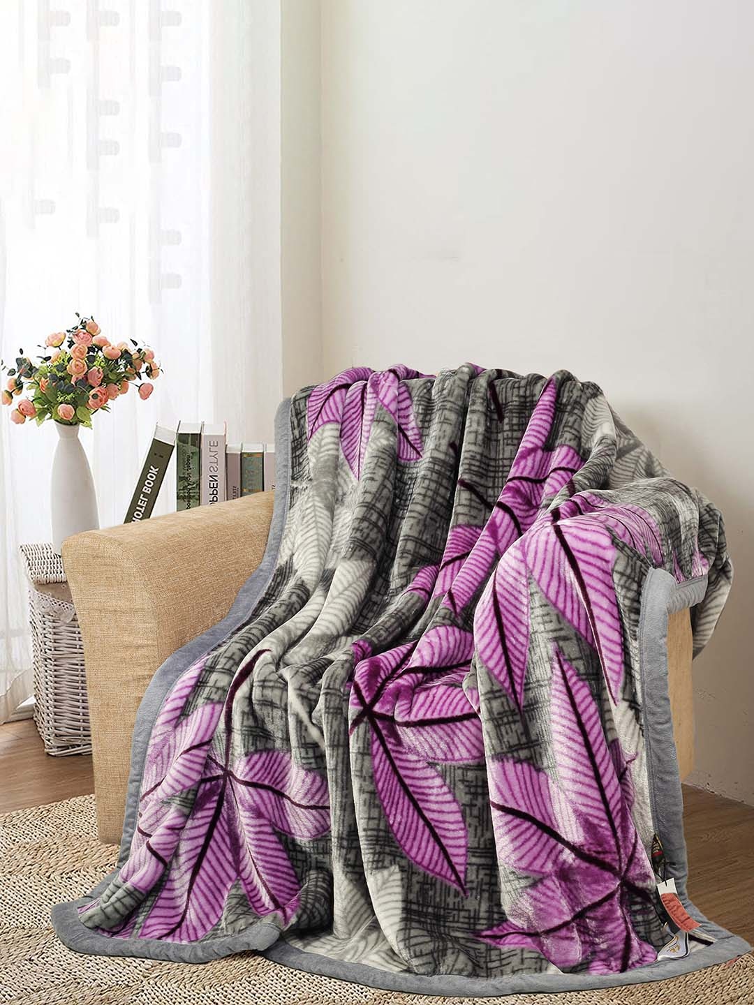 

bsb home Purple & Grey Floral Mink Heavy Winter 500 GSM Single Bed Blanket