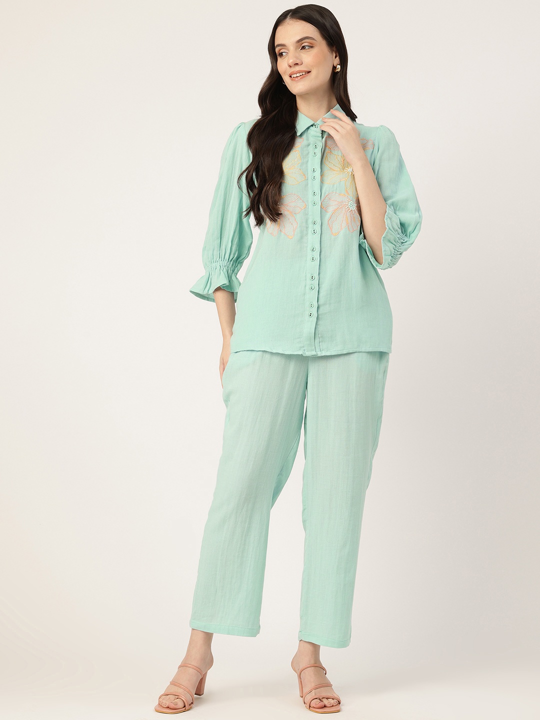 

MISRI Embroidered Pure Cotton Top With Trousers, Sea green