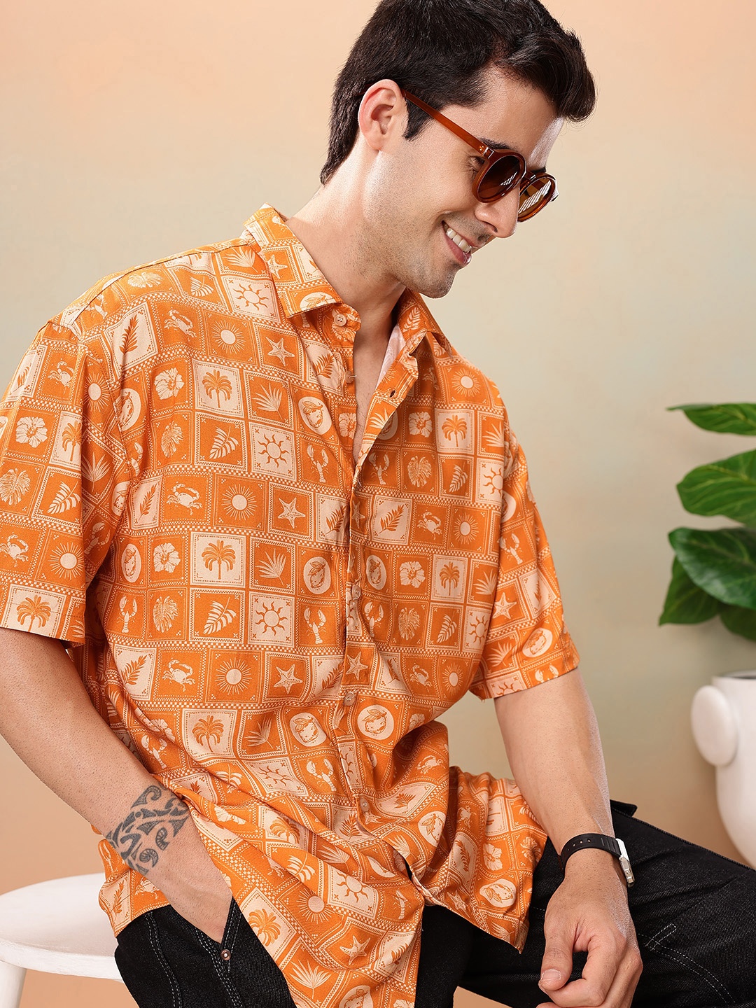 

Mast & Harbour Relaxed Fit Tropical Printed Casual Shirt, Orange