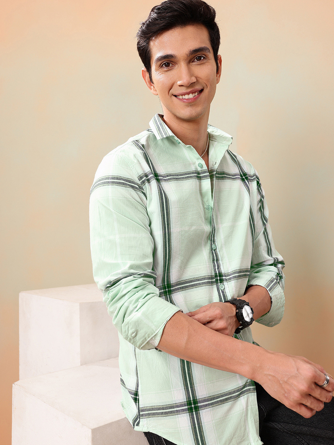 

Mast & Harbour Checked Pure Cotton Casual Shirt, Green