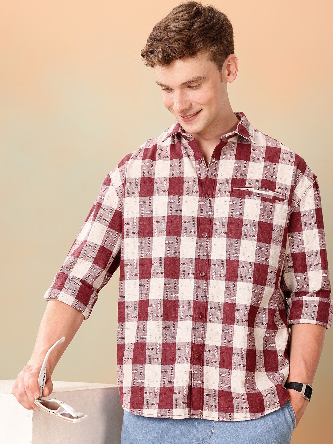 

Mast & Harbour Checked Oversized Casual Shirt, Maroon