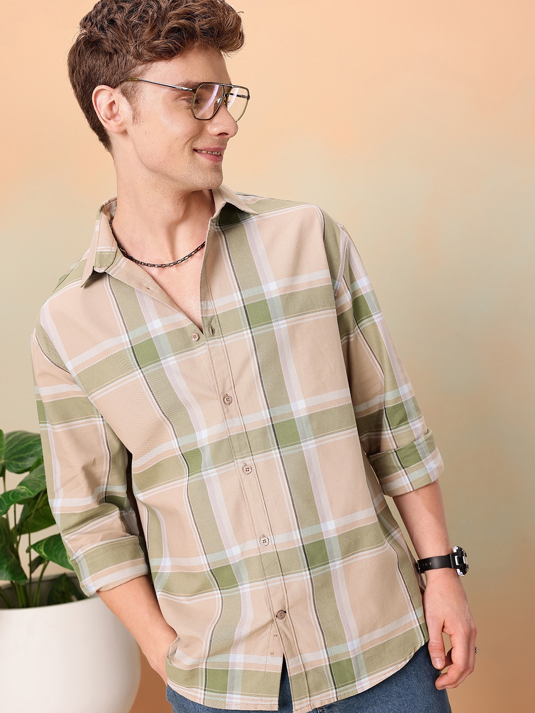 

Mast & Harbour Pure Cotton Checked Drop-Shoulder Sleeves Relaxed Fit Casual Shirt, Beige