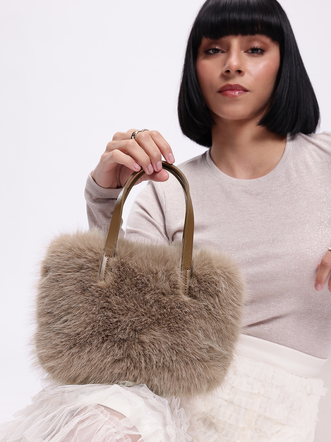 

DressBerry Structured Handheld Bag With Fur, Taupe