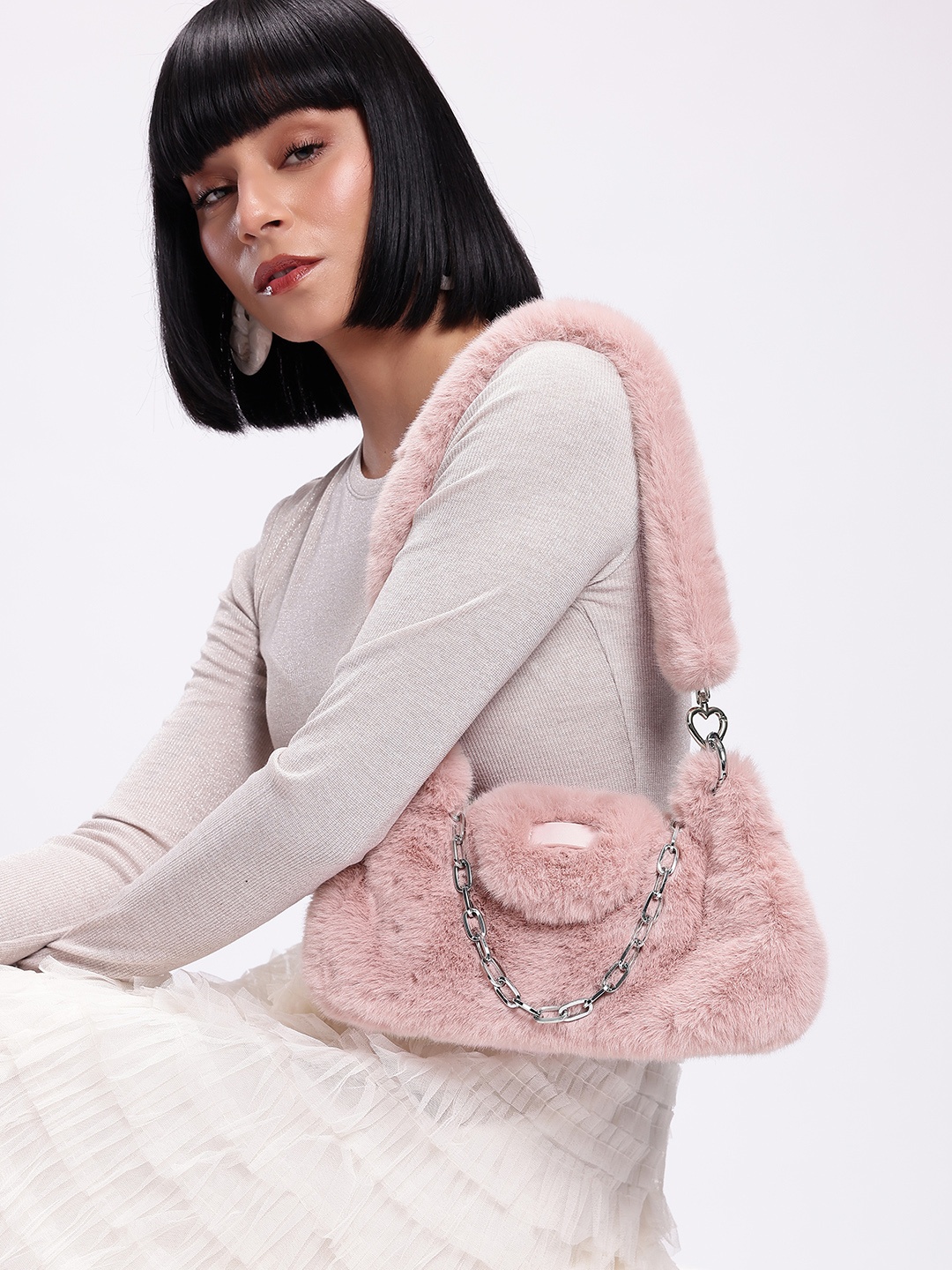 

DressBerry Structured Shoulder Bag With Fur, Pink