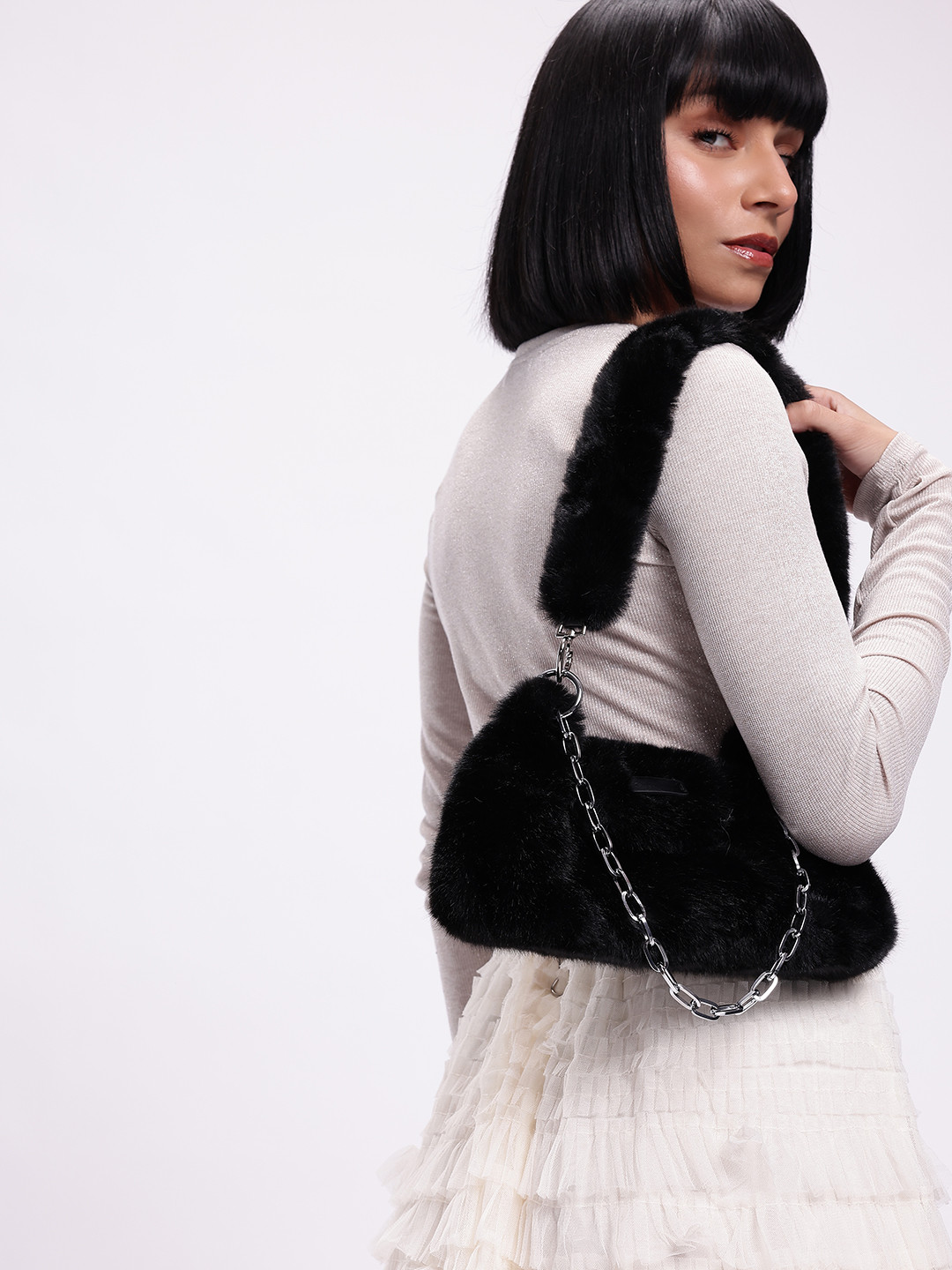 

DressBerry Structured Shoulder Bag With Fur, Black