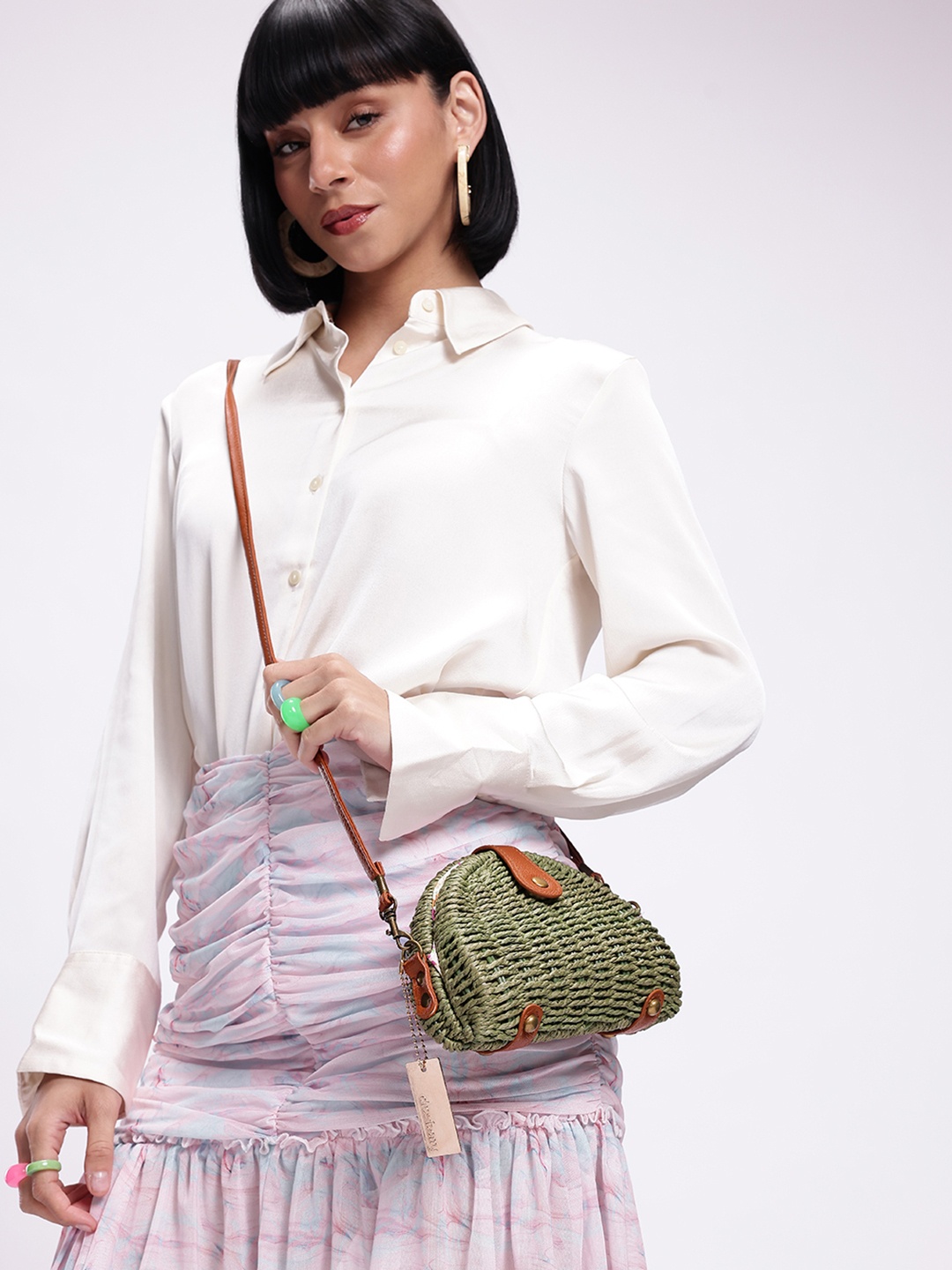 

DressBerry Self Design Structured Sling Bag, Green