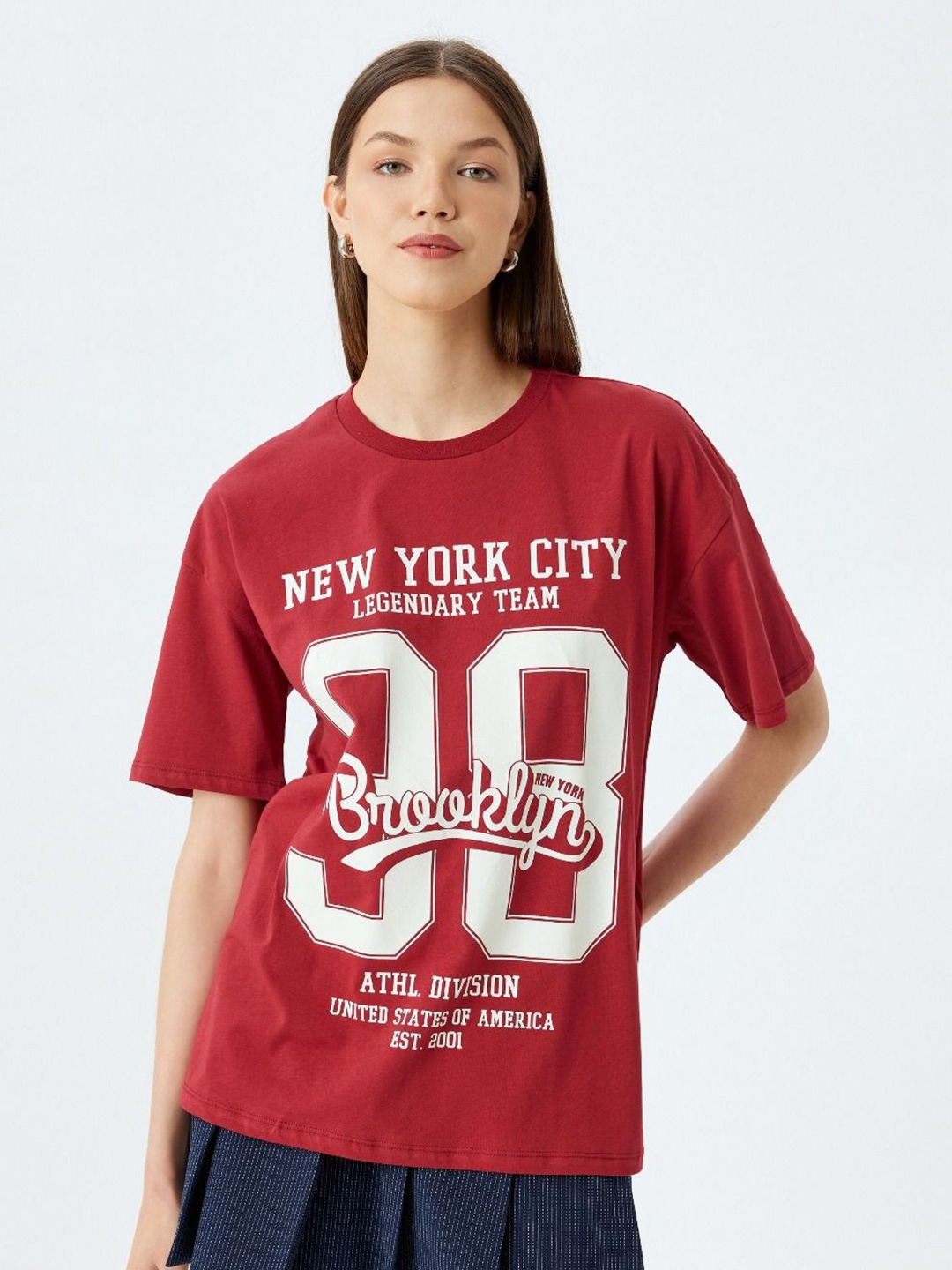

Koton Women Typography Printed Applique T-shirt, Maroon